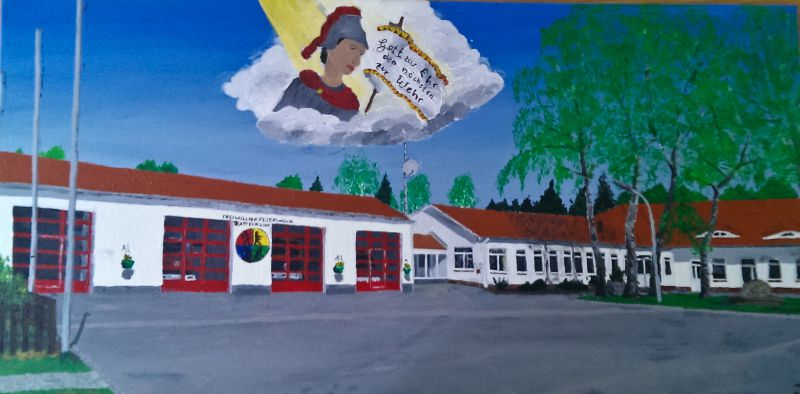 Eine Zeichnung des Feuerwehrhauses anlässilich des 50. Geburtstages der Wehr im Jahre 2010